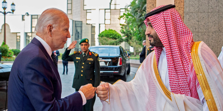 Image: President Joe Biden bumps fists with Saudi Crown Prince Mohammed bin Salman at Al-Salam Palace in the Red Sea port of Jeddah.