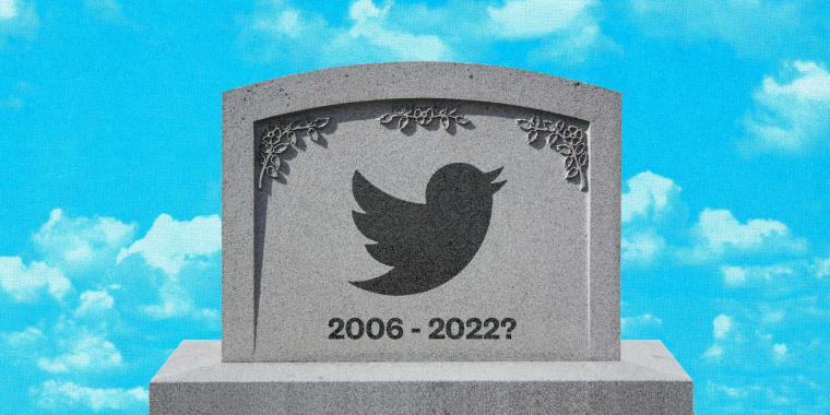 Photo Illustration: A tombstone emblazoned with the Twitter logo and text that reads "2006-2022?"