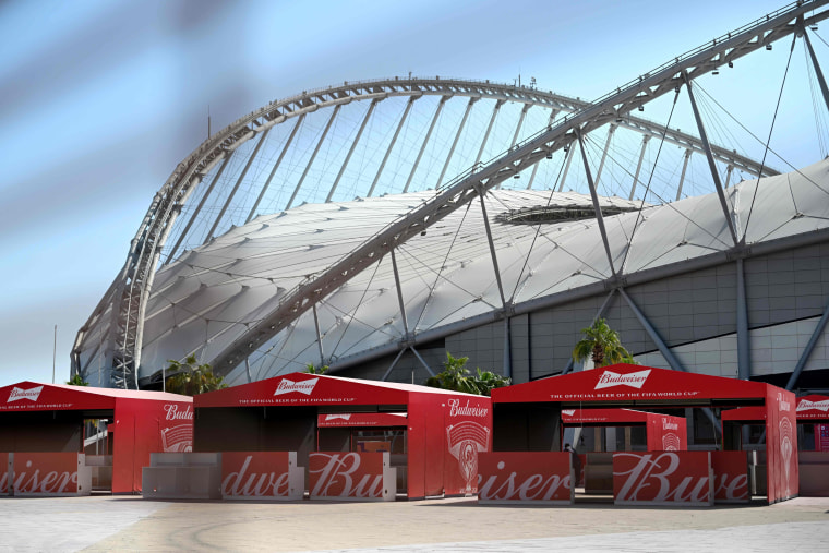 Budweiser beer kiosks at the Khalifa International Stadium in Doha on Nov. 18, 2022.