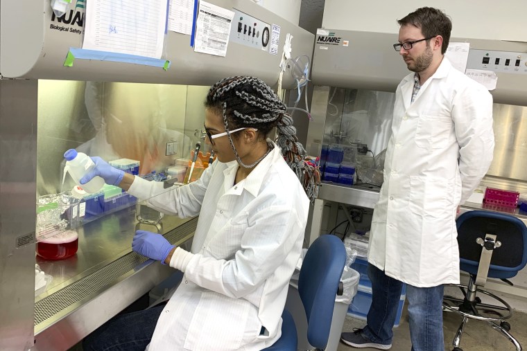 In this photo taken Feb. 15, 2019, lab automation engineer Chigozie Nri prepares nutrients to feed cells, as research director Nicholas Legendre watches, in the laboratory of cultured meat startup New Age Meats, which has produced cell-based pork in San Francisco. A growing number of startups worldwide are making cell-based or cultured meat that doesn't require slaughtering animals.