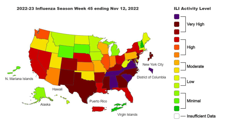 A U.S. map with flu activity by state for week ending Nov. 12, 2022.