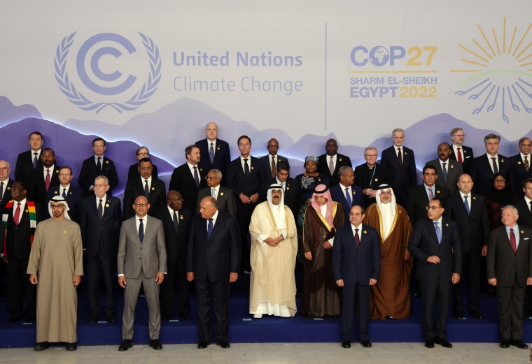 World leaders, including Egyptian President Abdel Fattah El-Sisi (first row, 3rd from R), pose for a group photo at the COP27 climate conference in Sharm El Sheikh, Egypt, on Nov. 7, 2022. 