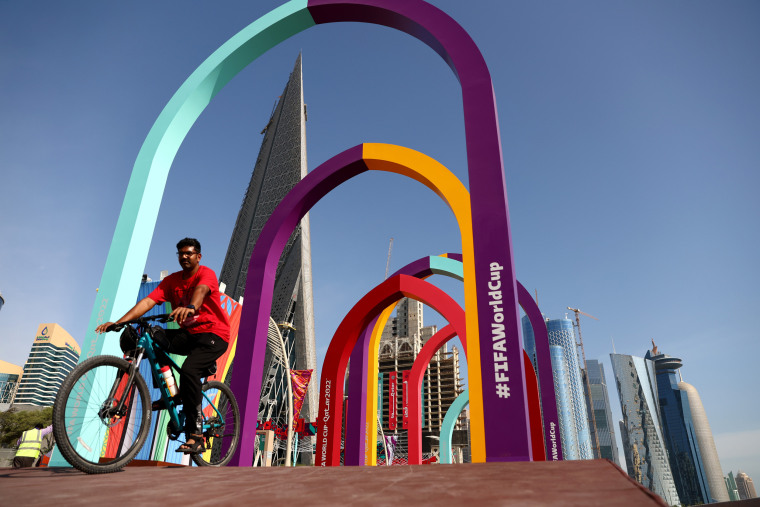 A man rides a bicycle at Doha Corniche in Doha, Qatar, on Nov. 18, 2022. 