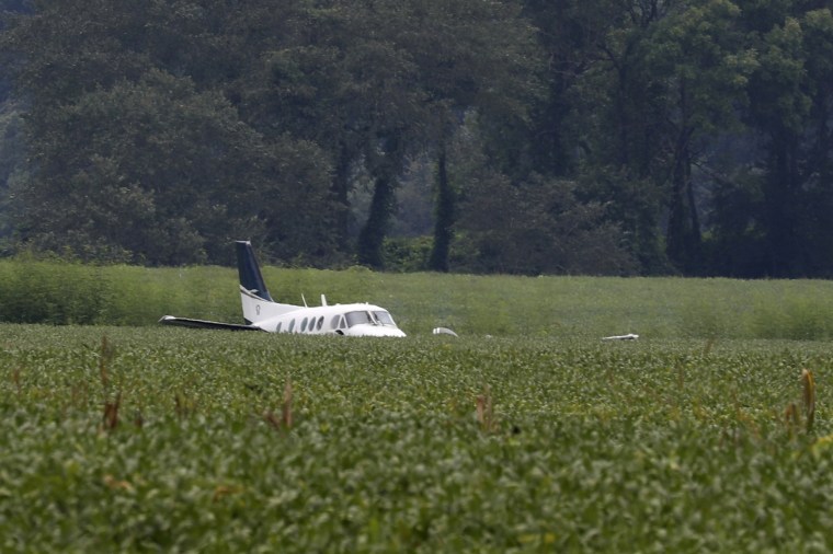 A stolen airplane rests in a field of soybeans after crash-landing near Ripley, Miss., on Sept. 3, 2022. 