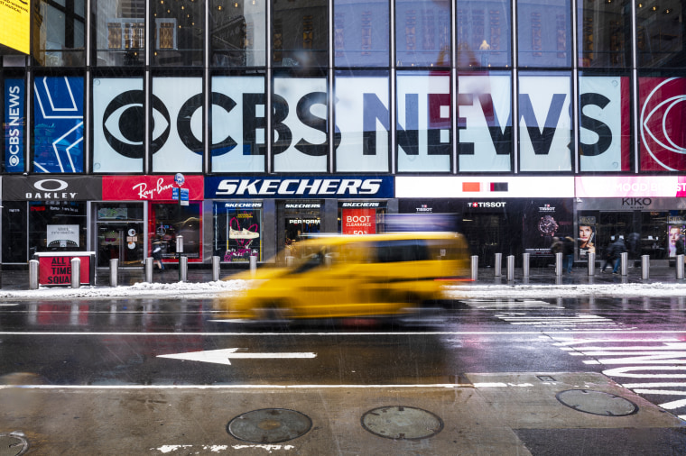 CBS News signage on the ViacomCBS headquarters during a winter storm in New York