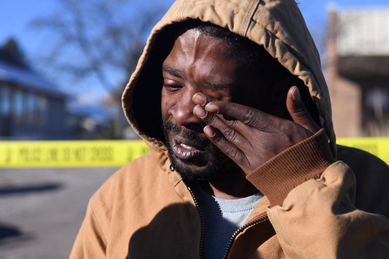 Joshua Thurman cries the morning after a mass shooting at Club Q, an LGBTQ nightclub in Colorado Springs, Colo., on Nov. 20, 2022. 