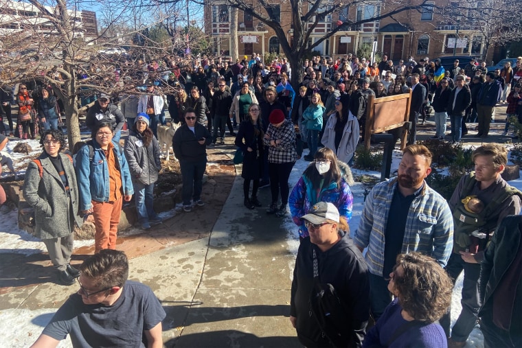 People gather for a vigil at All Saints Church in Colorado Springs, Colo., on Nov. 20, 2022, following a mass shooting at Club Q, a gay nightclub.