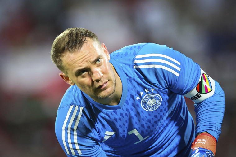 Germany's goalkeeper and captain Manuel Neuer wears the "One Love" armband in Muskat, Oman, on Nov. 16, 2022.