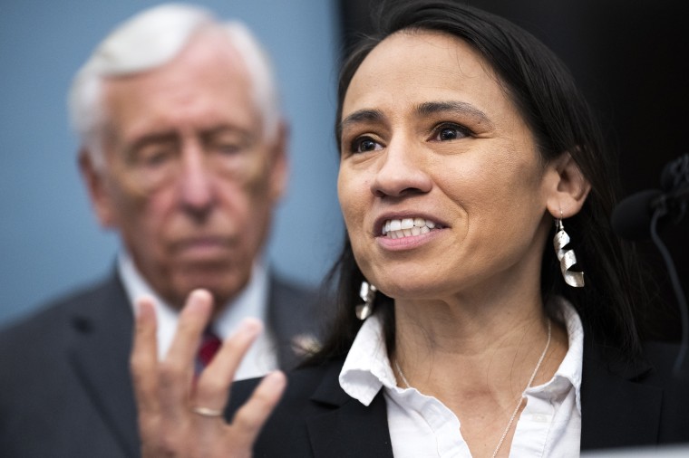 Rep. Sharice Davids, D-Kan., and House Majority Leader Steny Hoyer, D-Md., conduct a news conference on the Make It In America (MIIA) agenda, in the U.S. Capitol on Thursday, June 23, 2022. MIIA responds to issues including "supply chain resilience, education, entrepreneurship, and infrastructure." 
