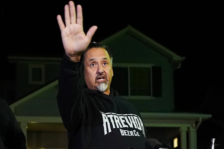 Richard Fierro during a news conference outside his home on Monday, speaking about his efforts to subdue the gunman in Saturday's shooting at Club Q, in Colorado Springs.