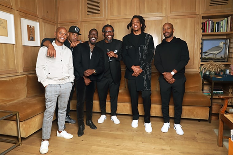 From left, Ty Ty, Lenny Santiago, Elijah Kelley, Emory Jones, Jay Z & Tim Weatherspoon at San Vicente Bungalows in Los Angeles for June Ambrose's 50th birthday.