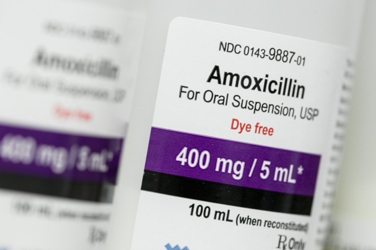 A bottle of Amoxicillin prescription pharmaceuticals in a pharmacy.