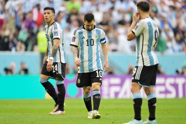 Argentina's star forward Lionel Messi, center, during match against Saudi Arabia on Tuesday. 