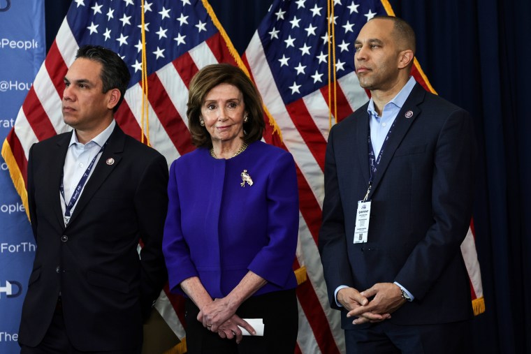 Speaker of the House Rep. Nancy Pelosi, D-Calif., Rep. Pete Aguilar, D-Calif., and Democratic Caucus Chairman Hakeem Jeffries, D-N.Y., in Philadelphia on March 11, 2022.