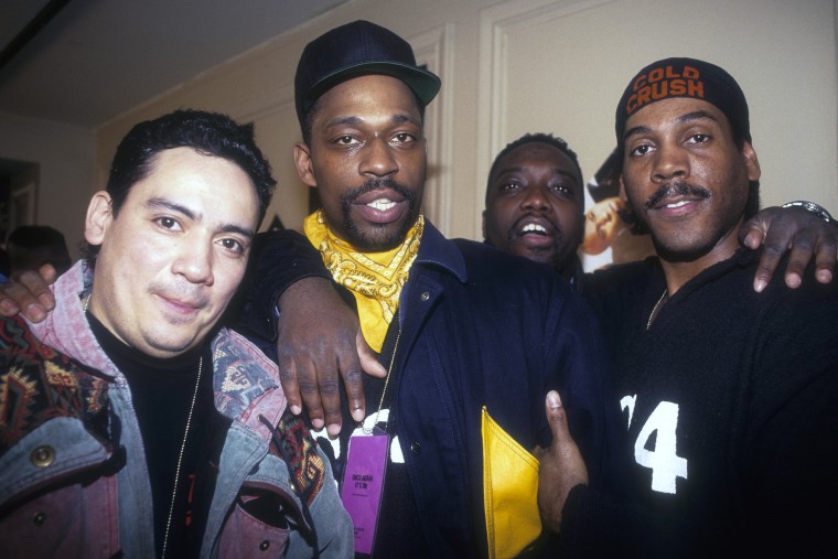 The Cold Crush Brothers attend a party for Onyx at The Palladium on April 10, 1992 in New York City. (l to r: DJ Charlie Chase (aka Carlos Mandes);  Grandmaster Caz (aka Curtis Brown); Almighty Kay Gee (aka Kenneth Pounder,); Easy AD (aka Adrian Harris)).