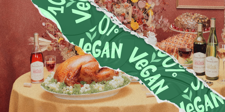 Photo illustration: A tear across a photo of a thanksgiving meal on a table shows green stickers that read,"100% vegan".