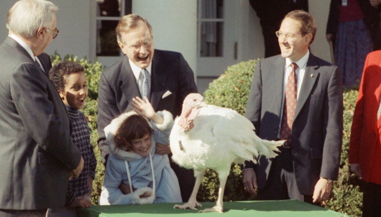 Image: President George Bush and Shannon Duffy, 8, of Fairfax, Va., look over a Thanksgiving turkey presented to the president at the White House.