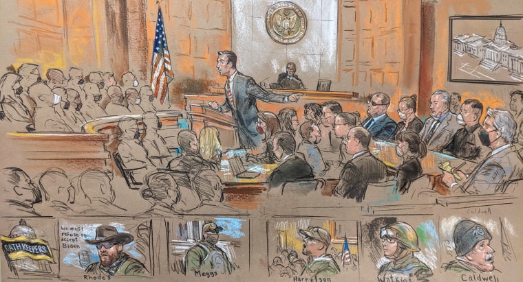 A courtroom sketch of the opening arguments of the Oath Keepers trial.