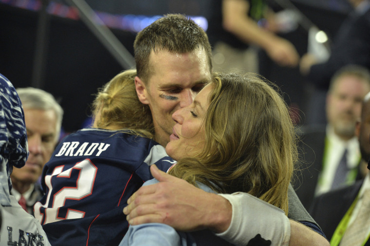Tom Brady celebrates with his wife Gisele Bundchen after defeating the Falcons at Super Bowl LI at the NRG Stadium in Houston, TX, USA, on Feb. 5, 2017.
