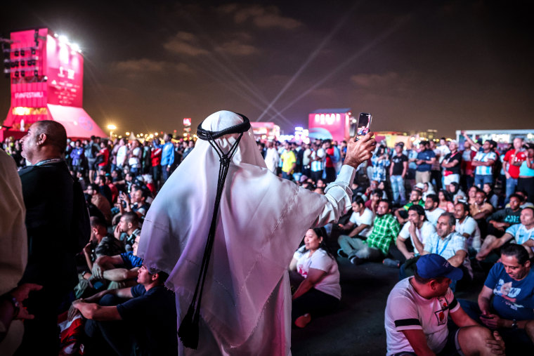 Fans watch the FIFA World Cup 2022 match between England and Iran at the FIFA Fan Festival in Doha, Qatar, on Nov. 21, 2022.