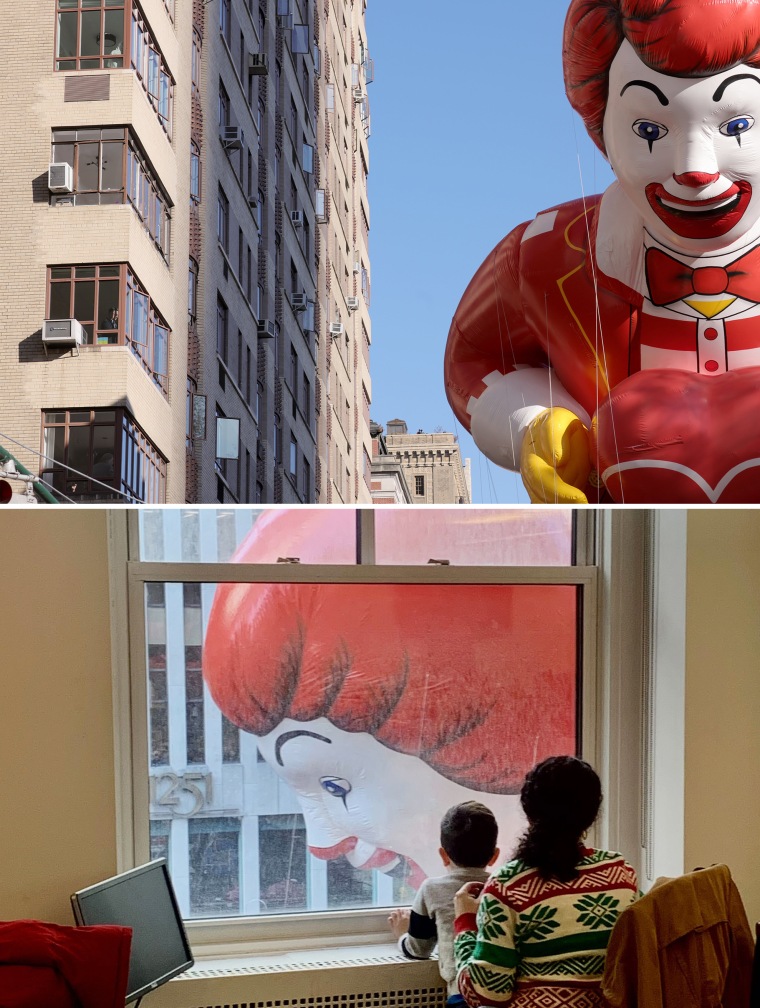 Ronald McDonald float passes office buildings on Sixth avenue during the Macy's Thanksgiving Day Parade on Nov. 24, 2022 in New York. 