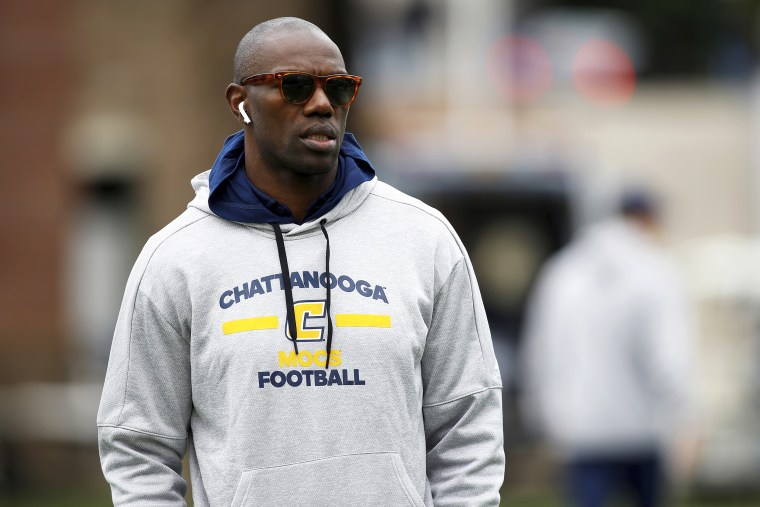 Former NFL football player and Hall of Fame inductee Terrell Owens watches his alma matter warm up prior to kick off. The Chattanooga Mocs defeated the Virginia Military Institute Keydets 34-27 at Finley stadium in Chattanooga, Tennessee on October 27, 2018.