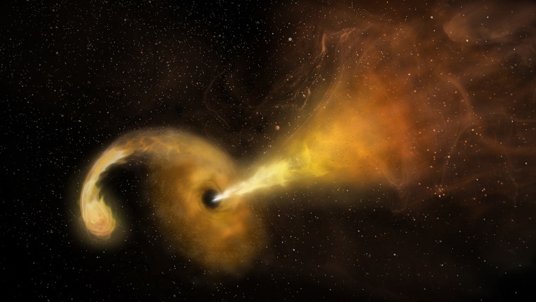 An artist's concept of a tidal disruption event that happens when a star passes fatally close to a supermassive black hole, which reacts by launching a relativistic jet.