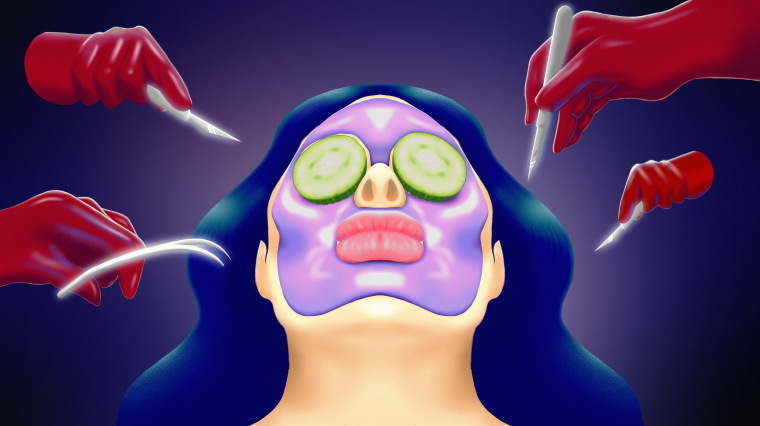 Drawn illustration of a woman with overfilled lips wearing a face mask and cucumber slices, surrounded by red-gloved hands holding scalpels and other surgery tools.