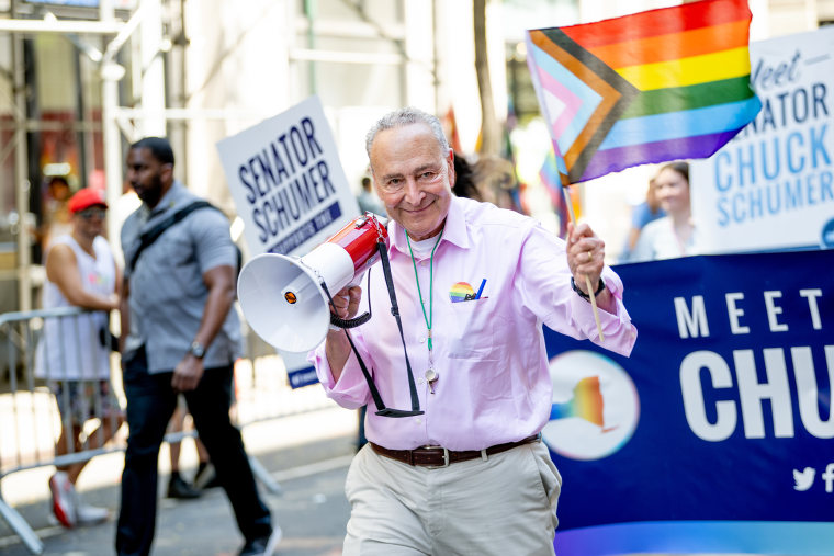 Senator Chuck Schumer marches during the 2022 New York City Pride March on June 26, 2022 in New York City. 