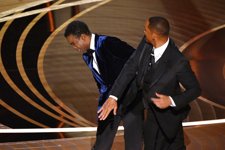 Will Smith slaps Chris Rock onstage during the 94th Oscars in Los Angeles on March 27, 2022. 