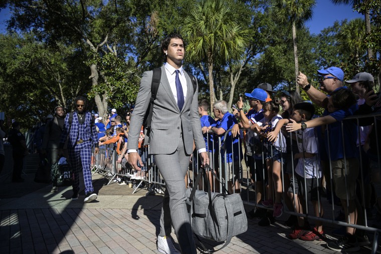 Florida quarterback Jalen Kitna walks into the stadium before an NCAA college football game against Eastern Washington on Oct. 2, 2022, in Gainesville, Fla.