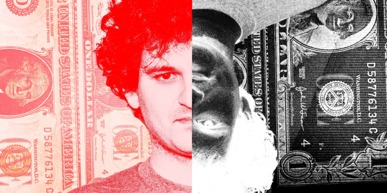 Photo Illustration: A portrait of Sam Bankman Fried split in half against a background of currency