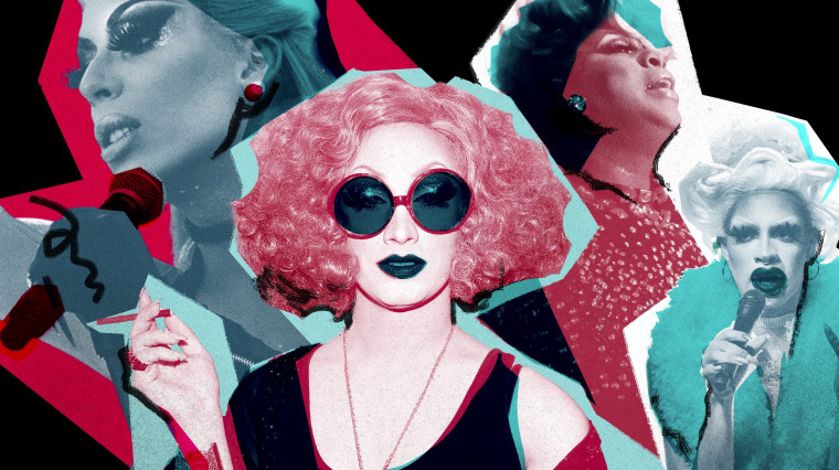 Digital collage of drag queens Alaska, Jinkx Monsoon, Latrice Royale, and Yvie Oddly.