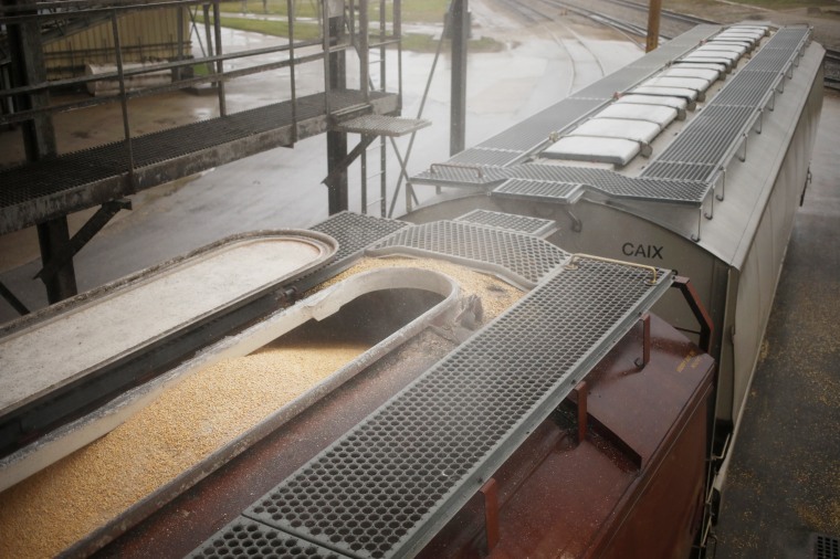 A railroad hopper car ready to transport corn at the Kokomo Grain Co. Inc. transshipment facility. 