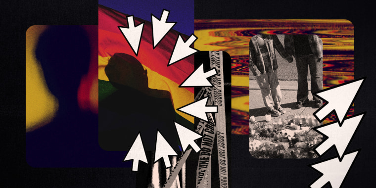 Photo illustration of people mourning at a memorial for the victims of the Club Q shooting, a silhouette behind a Pride rainbow flag, mouse cursors, computer glitches, and a distorted silhouette.