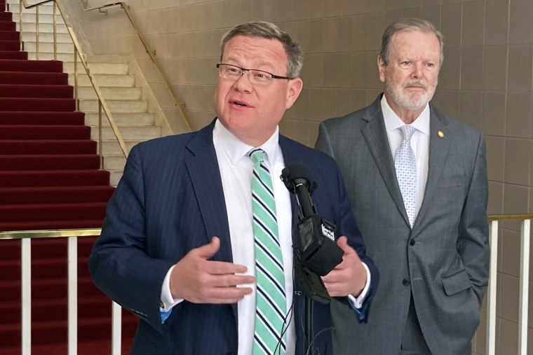 FILE - North Carolina House Speaker Tim Moore, R-Cleveland, left, speaks while Senate Leader Phil Berger, R-Rockingham, listens during a post-election news conference at the Legislative Building in Raleigh, N.C., on Wednesday, Nov. 9. 2022. Speaker Tim Moore is the choice of North Carolina state House Republicans to lead the chamber for the next two years after an internal vote on Friday, Nov. 18, 2022, that should bring him history-making longevity at the top.