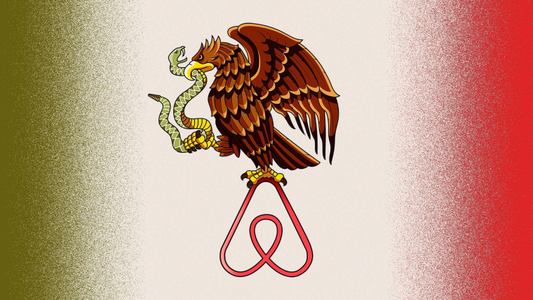 Ilustración de la bandera de México (franja verde del lado izquierdo, blanca al centro y roja del lado derecho) en donde el escudo nacional del águila comiendo una serpiente está sobre el icono de Airbnb en vez de un nopal. Representa la llegada de muchos "nómadas digitales" que usan rentas de Airbnb