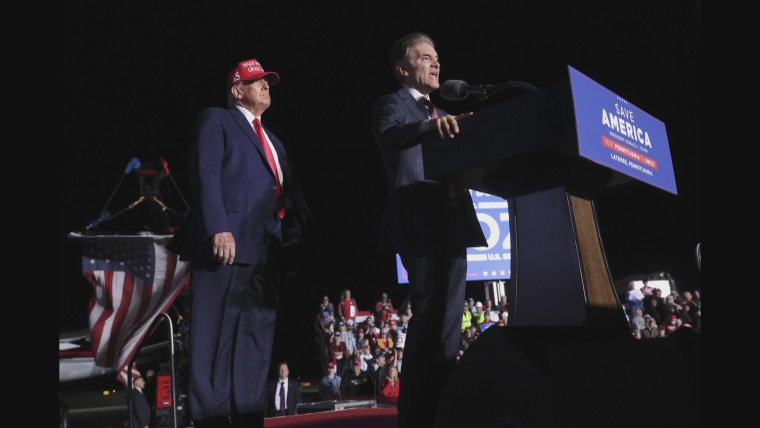 Pennsylvania Republican Senate candidate Mehmet Oz speaks during a rally Sumday in Latrobe, Pa. Former President Trump held the rally for Oz and Republican gubernatorial candidate Doug Mastriano ahead of the state's midterm election on Nov. 8th. (Win McNamee/Getty Images)
