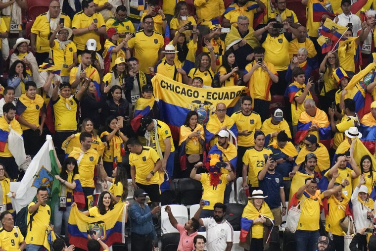 Los aficionados de Ecuador celebran después del partido entre Catar Ecuador en el estadio Al Bayt en Al Khor el domingo 20 de noviembre de 2022. 