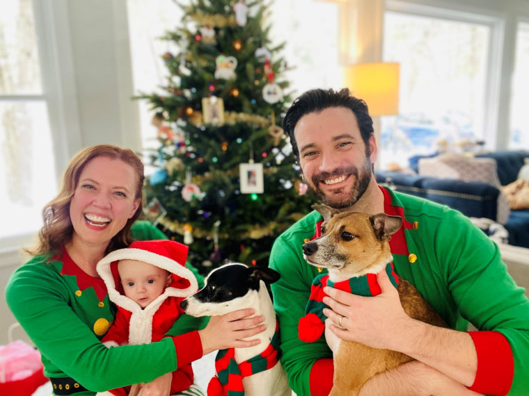 Patti Murin and Colin Donnell are pictured with their daughter, Cecily, and their dogs, Petey and Milo.