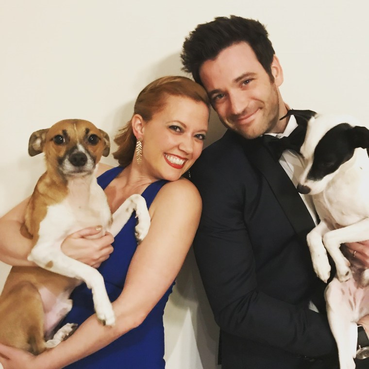 Patti Murin and Colin Donnell are pictured with their dogs, Milo, left, and Petey, right.