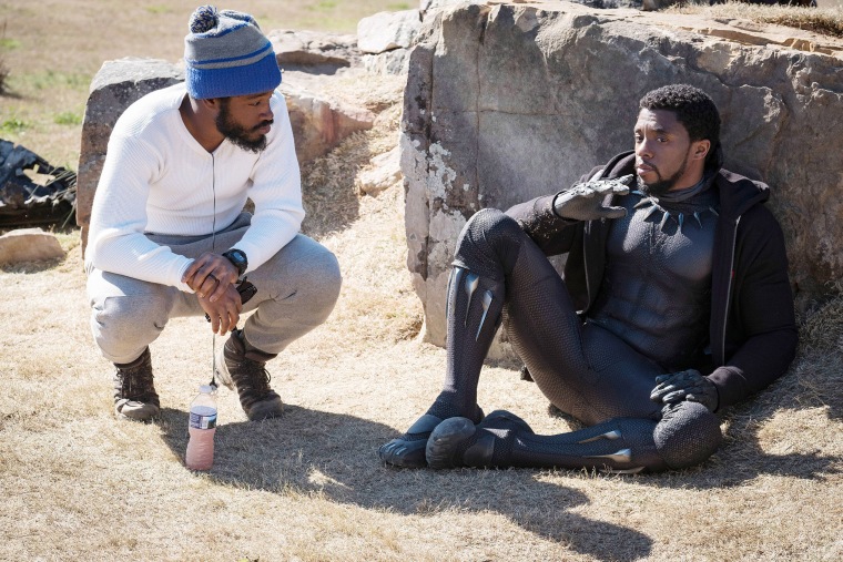 Director Ryan Coogler, left, and Chadwick Boseman on the set of "Black Panther" in 2018. 