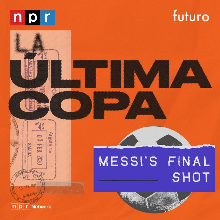 Ilustración para el podcast "La última copa" de NPR y Futuro Media muestra un balón de fútbol y un billete de avión para salir de Argentina