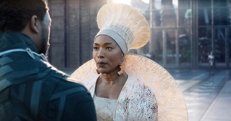 Chadwick Boseman and Angela Bassett in Black Panther.