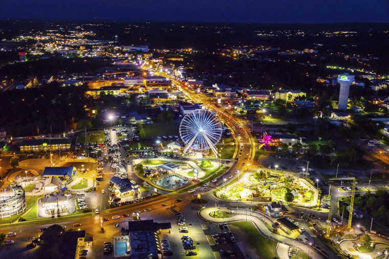Night Summer Aerial View of Hwy 76 Strip in Branson, Missouri