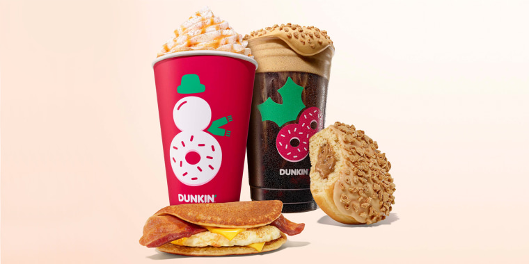 Toasted White Chocolate Signature Hot Latte, Cookie Butter Cold Brew with Cold Foam, Bacon Pancake Wake Up Wrap, and Cookie Butter Donut in front of Beverages.