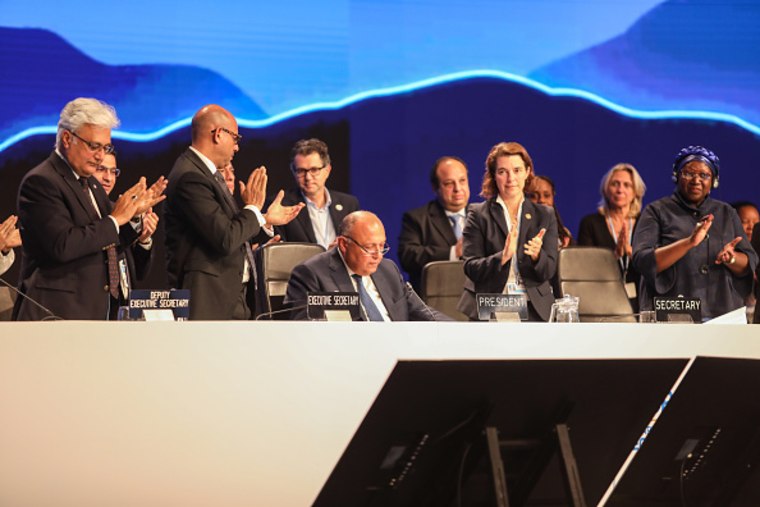 COP27 President and Egyptian Foreign Minister Sameh Shoukry speaks as fellow delegates clap during the closing session of the climate summit.
