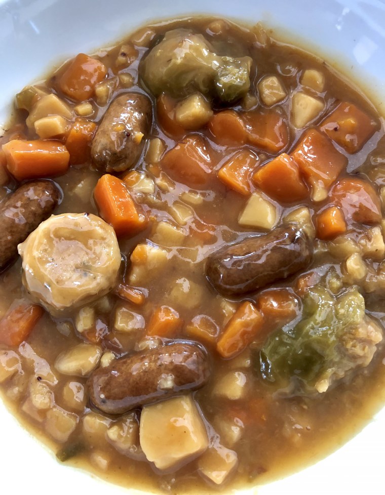 Vegan Heinz Christmas Dinner in a can, in a bowl, complete with blanketless pig-free pigs.