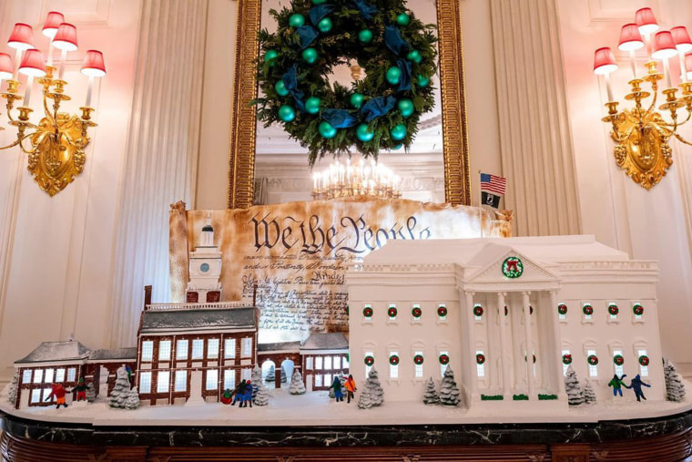 The traditional Gingerbread White House includes a sugar cookie replica of Philadelphia’s Independence Hall, where both the Declaration of Independence and the Constitution were signed.