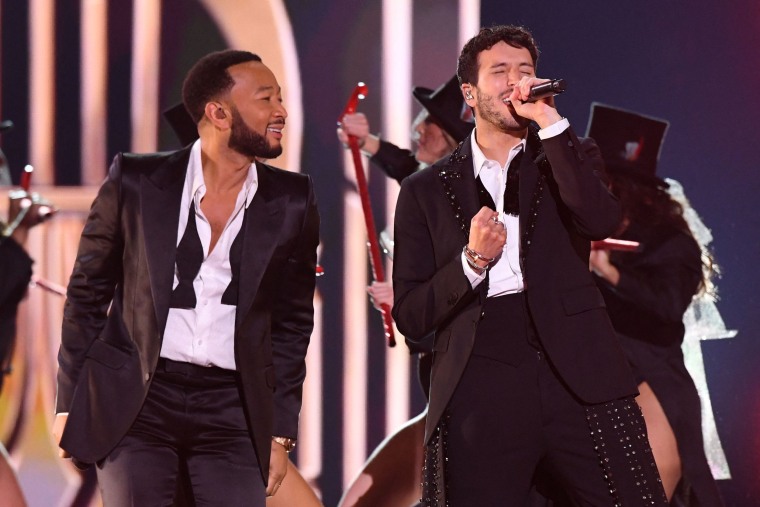 The singers on stage during the 23rd annual Latin Grammy awards at the Mandalay Bay's Michelob Ultra Arena in Las Vegas, Nevada, on Nov. 17, 2022. 